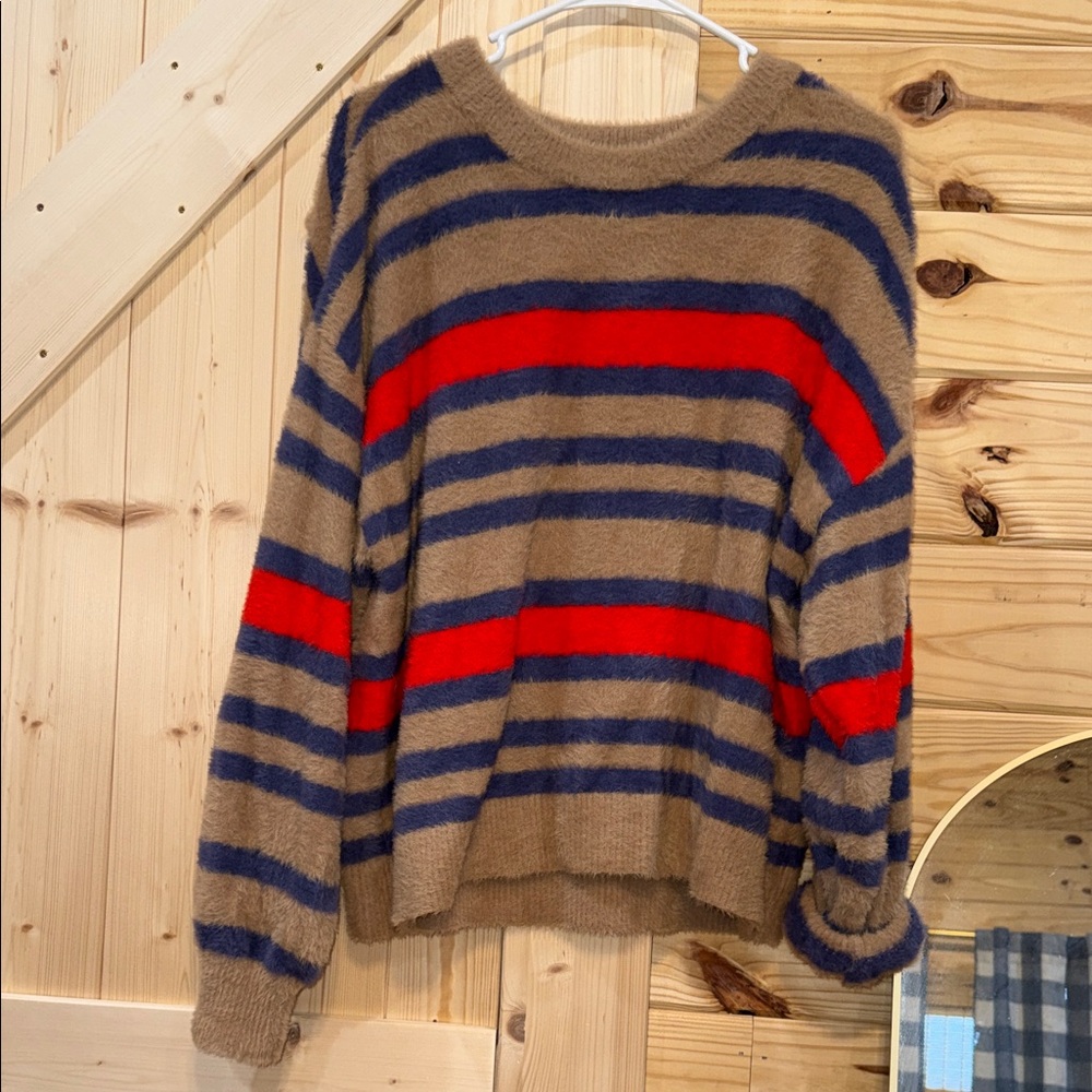 Striped Brown Sweater with Red and Blue Accents Aerie